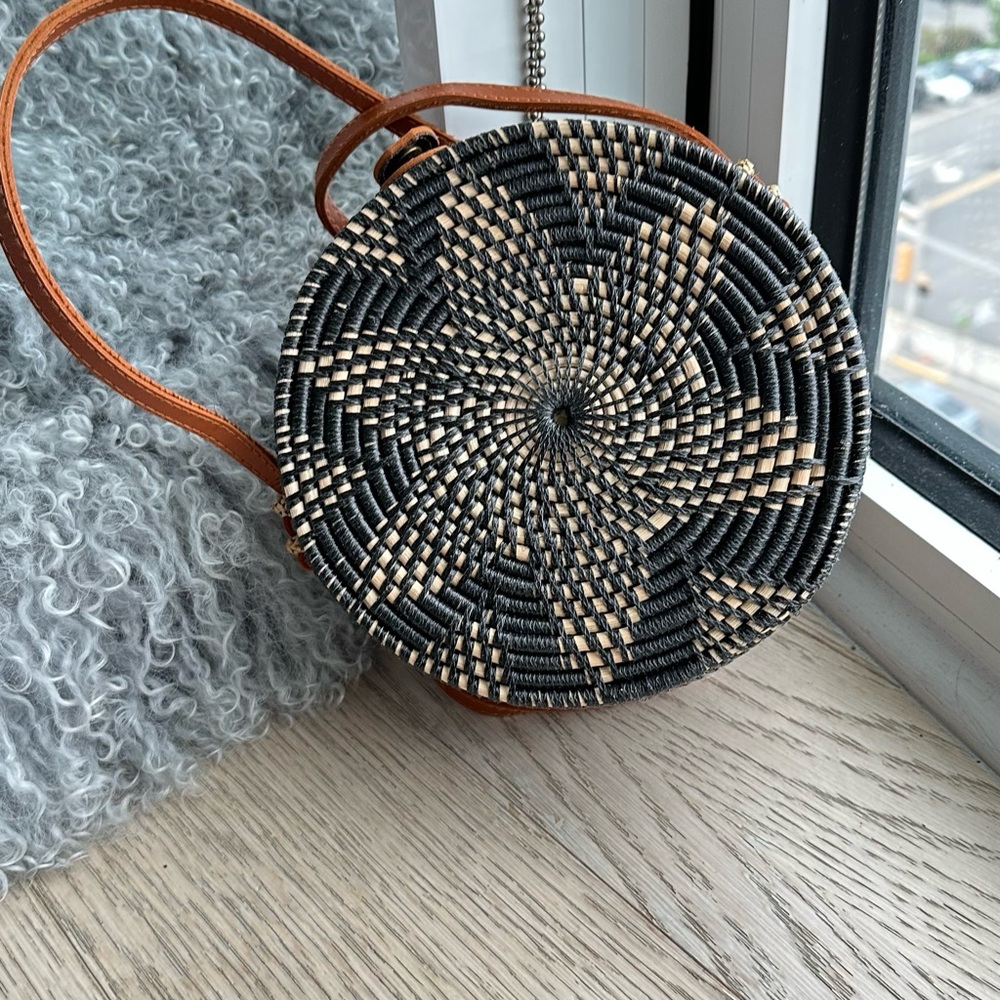 Mykonos style Round Woven Black and Tan Crossbody Bag